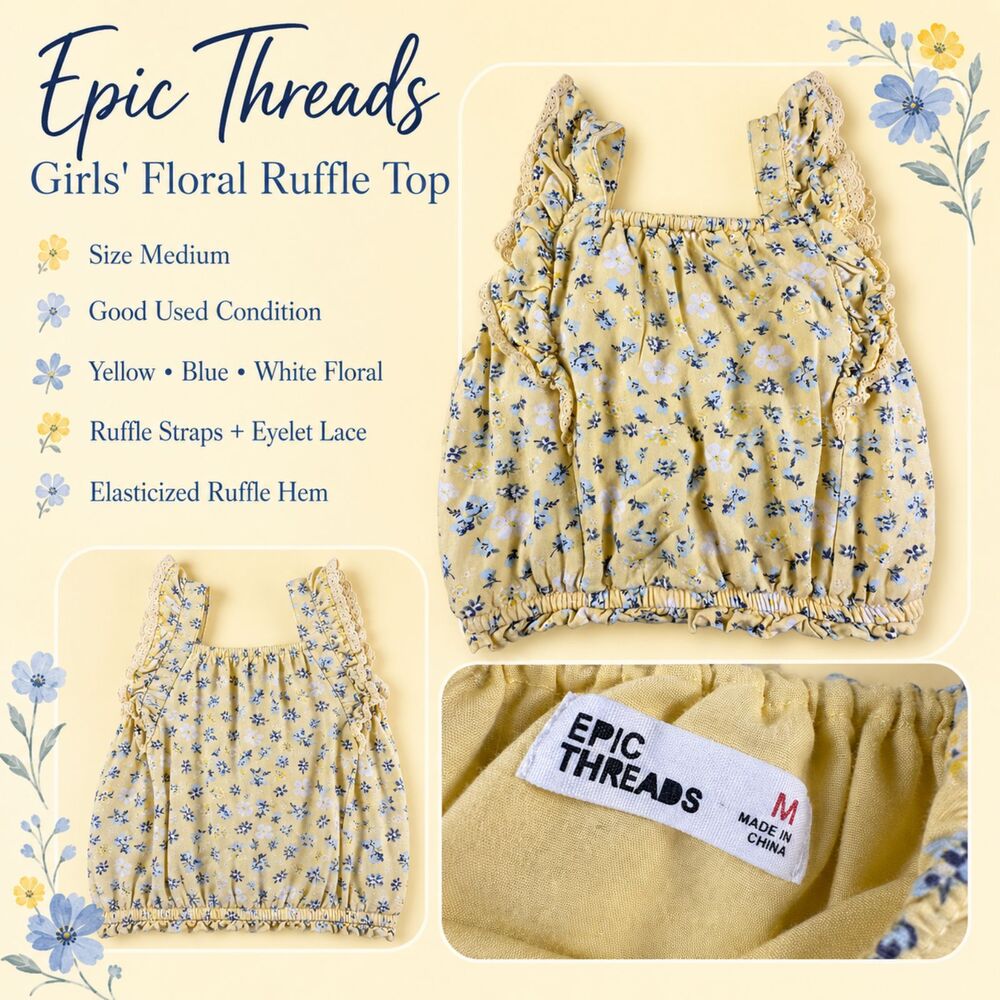 Epic Threads Girls M Yellow Blue Floral Ruffle Eyelet Lace Top